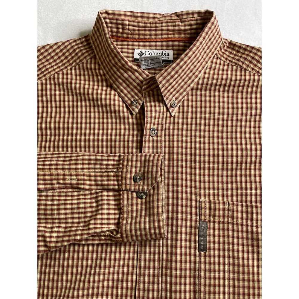 Columbia Long Sleeve Button Up Men's Dress Shirt XL Tall Burgundy Cream Plaid